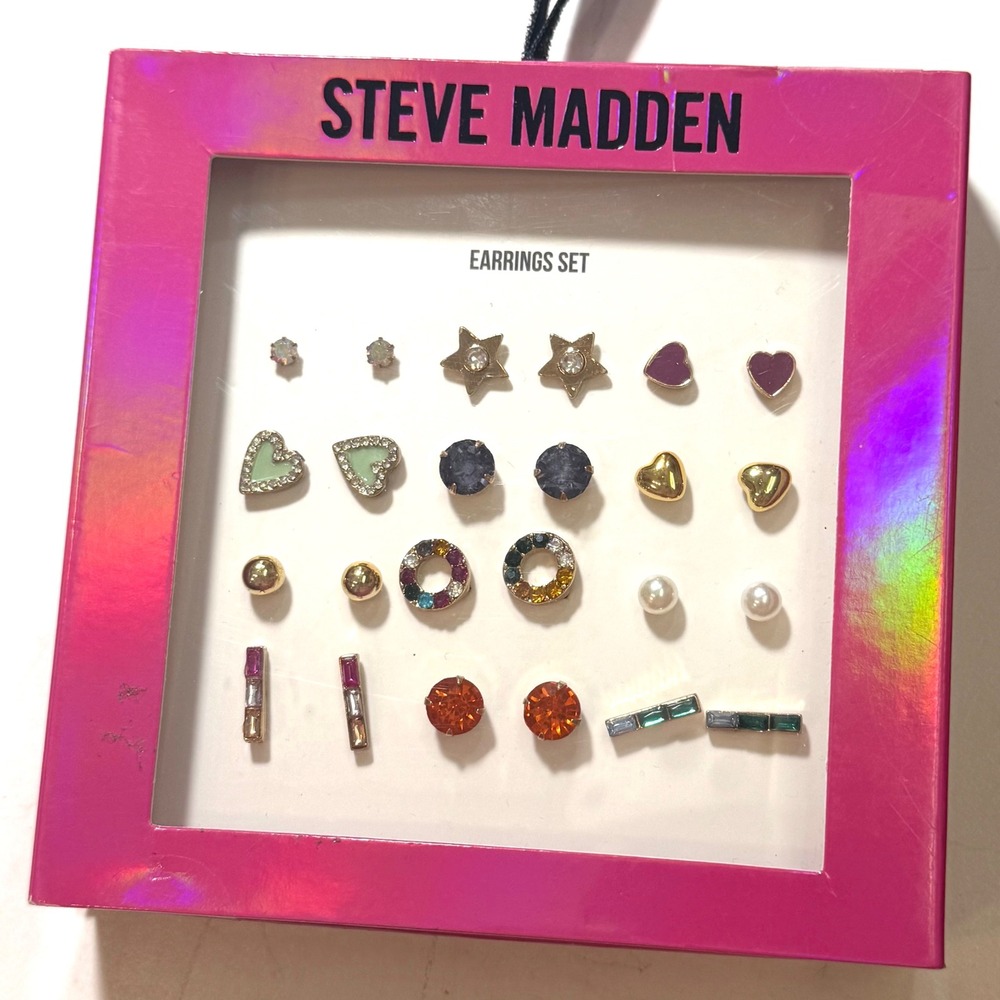 Steve Madden 9 Pair Earring Set Gold Tone Hearts Stars Rhinestone Pearl Studs